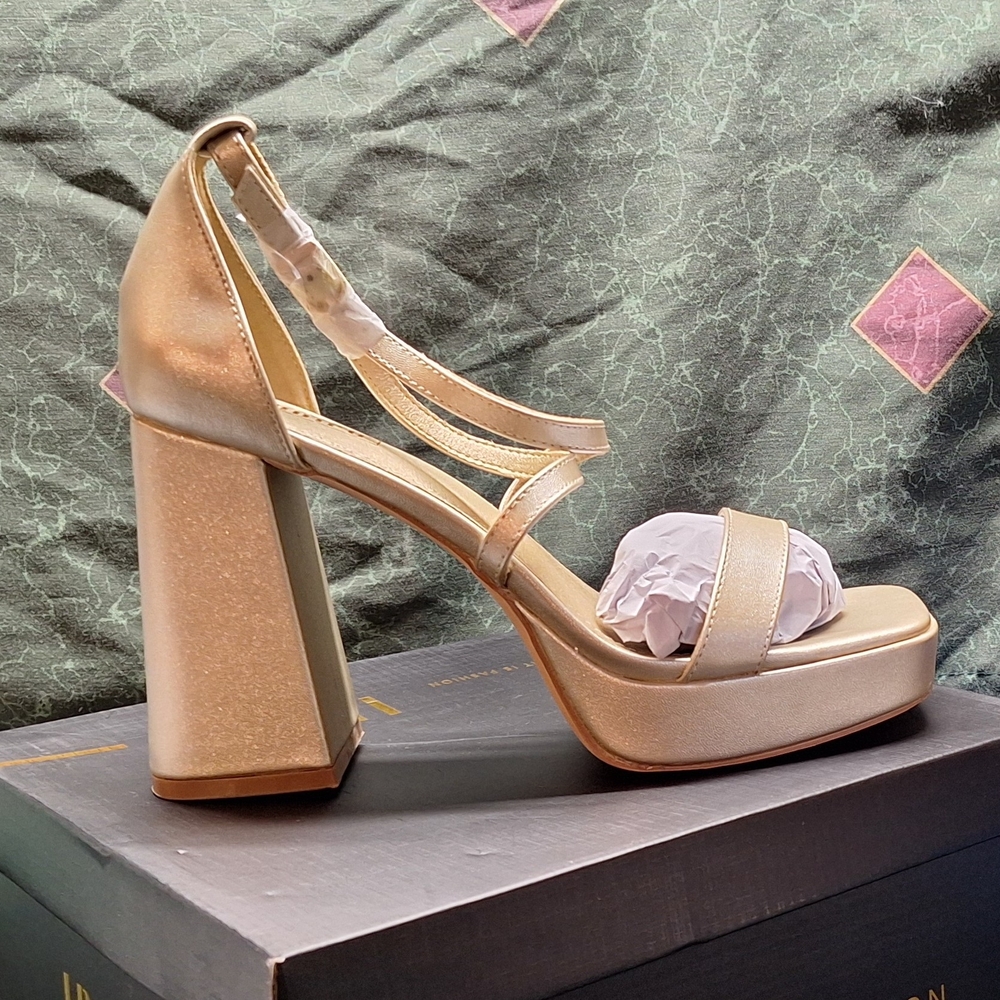 IDIFU Gold Platform Heels with Chunky Block Heel
